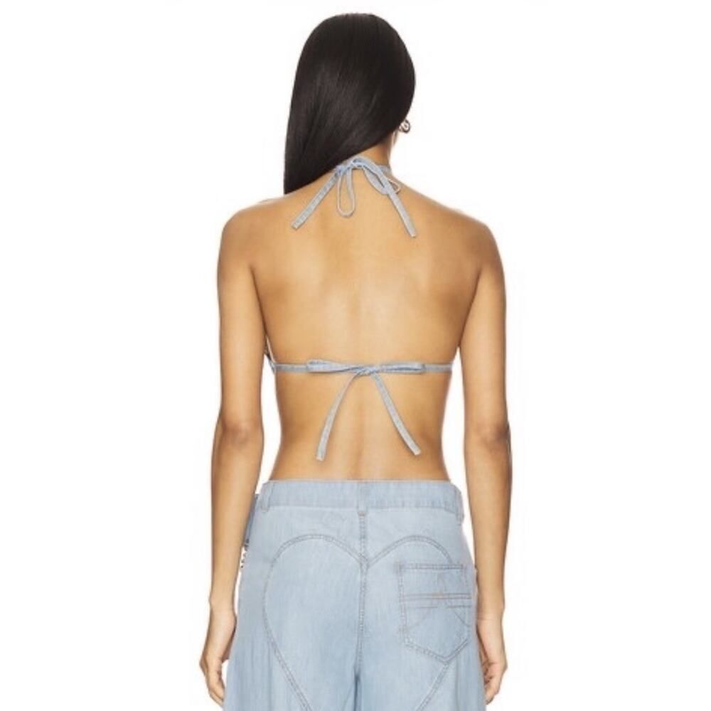 AREA Floral Appliqué Denim Halter Top Super Light Blue Medium 100% Cotton - Picture 4 of 12